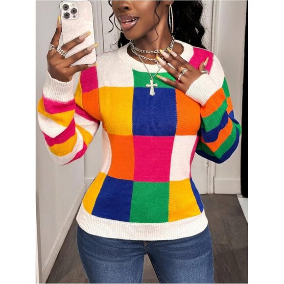 Women's Rainbow Plaid Checkered Long Sleeve Crew Neck Pullover Knitwear Sweater - Picture 2 of 5